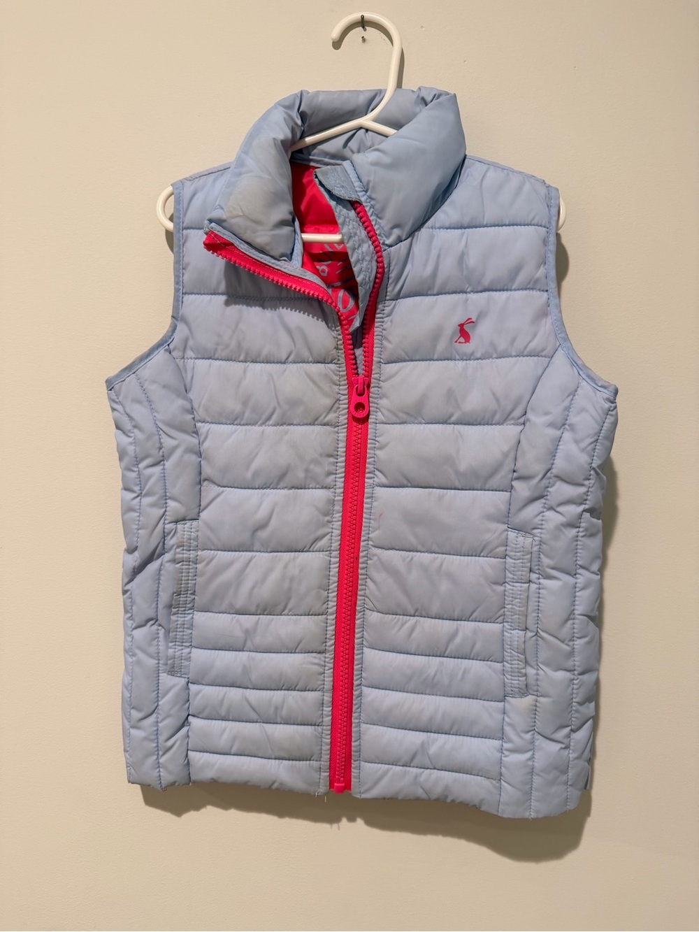 Joules Light Blue Quilted Kids Puffer Vest with Hot Pink Zip